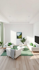 Fototapeta premium minimalist living room interior mockup, modern furniture and greenly decorative, white sofa and armchair, created by generative ai