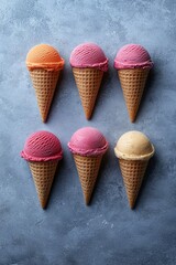 Trio of pastel colored ice cream cones standing upright on light blue background showcasing vibrant frozen dessert composition with smooth creamy texture and elegant presentation