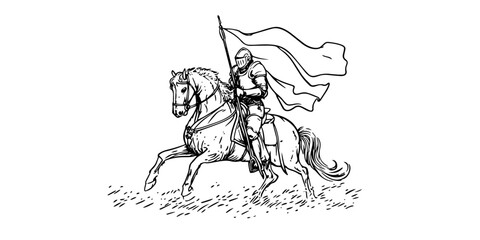 knight on horseback with banner black and white outline, transparent background line art drawing illustration