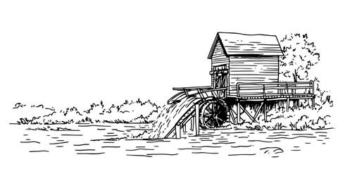 rural wooden building by water with mill wheel black and white outline, transparent background line art drawing illustration © Kaz