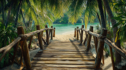 This piece captures the captivating allure of a rustic wooden footbridge leading to the beach, emphasizing its charming design
