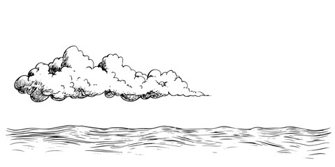 cloud over the sea black and white outline, transparent background line art drawing illustration © Kaz