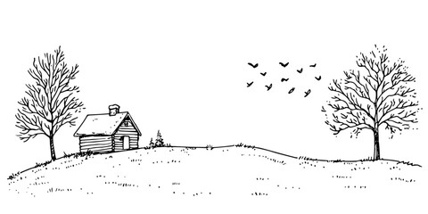 cabin in a clearing with trees black and white outline, transparent background line art drawing illustration © Kaz