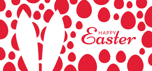 Happy Easter -  banner, poster, header, greeting card with typography, long white bunny ears, and eggs. Vector illustration.
