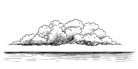 storm cloud over horizon black and white outline, transparent background line art drawing illustration