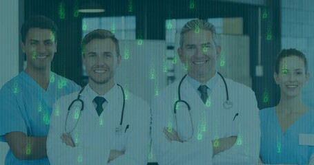 Smiling medical professionals with animation of digital binary code overlaying scene - Powered by Adobe