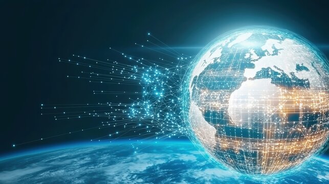 Digital globe with dynamic lines, representing global connectivity and technology, set against a dark background.