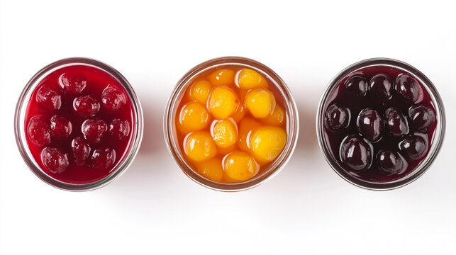 Top view of sour cherry compote and mixed fruit kompot on a white background, refreshing homemade beverage2