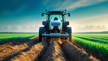 Obraz premium Tractor plowing a field under a clear sky during early morning hours with vibrant green crops in the background
