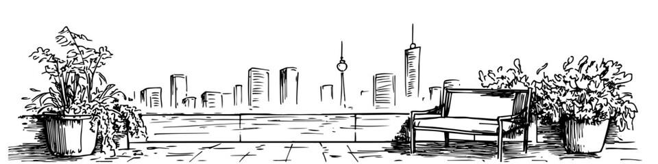 city skyline view from terrace with bench and plants vector sketch illustration in ink doodle style hand drawing for engraving