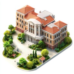 Isometric View of a Classical Mansion with Lush Greenery and a Tile Roof, Surrounded by a Serene Landscape.