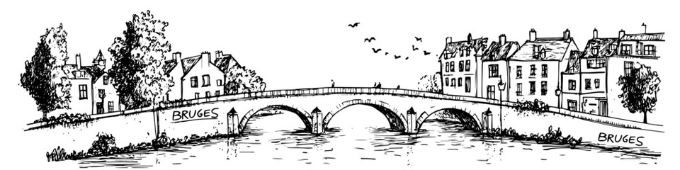 Obraz premium bruges canal bridge with historic buildings vector sketch illustration in ink doodle style hand drawing for engraving