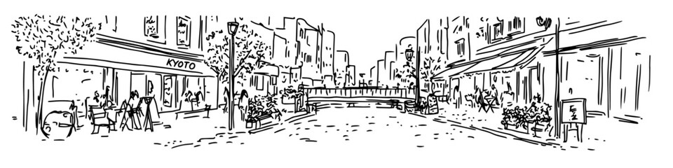 street with cafes and people sitting at tables vector sketch illustration in ink doodle style hand drawing for engraving