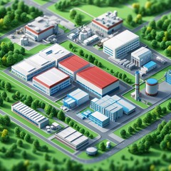 Isometric View of Industrial Complex Surrounded by Greenery and Road Networks - A 3D Rendering