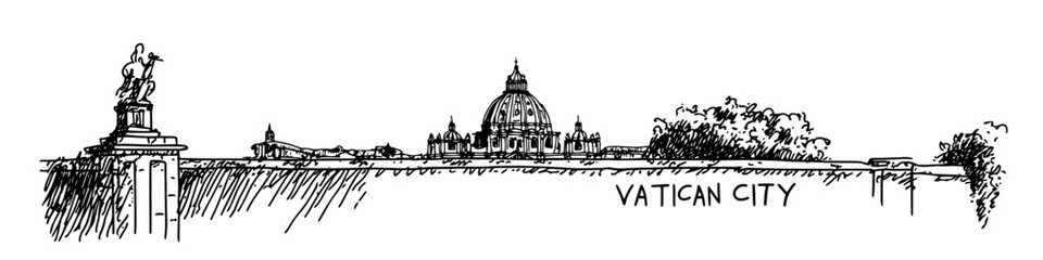 vatican city skyline with st peter's basilica vector sketch illustration in ink doodle style hand drawing for engraving