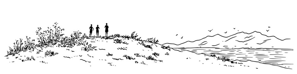 people standing on hill with mountain lake view vector sketch illustration in ink doodle style hand drawing for engraving