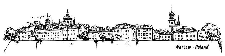 Obraz premium warsaw old town panorama with historic buildings vector sketch illustration in ink doodle style hand drawing for engraving