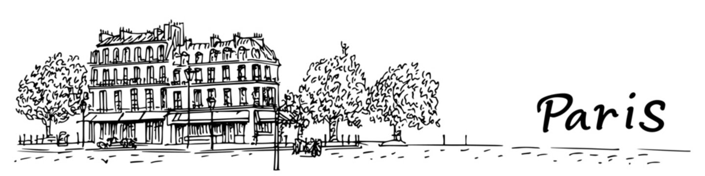 paris street view with classic buildings and trees drawn in hand-drawn ink style
