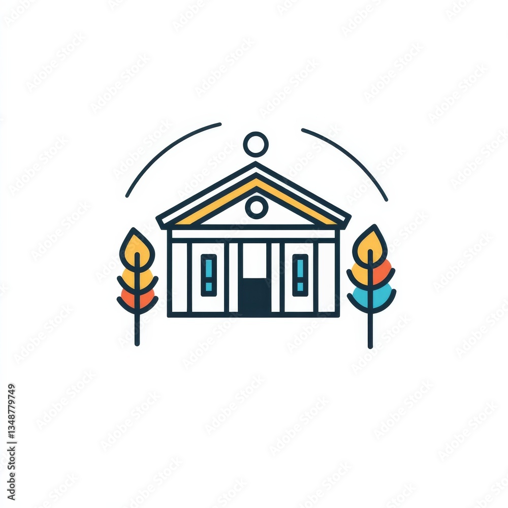 Poster stylized government building icon with ornamental trees and semi-circular line design