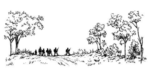 soldiers walking through the forest vector sketch illustration in ink doodle style hand drawing for engraving