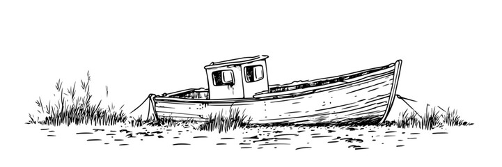 fishing boat ashore doodle sketch vector illustration
