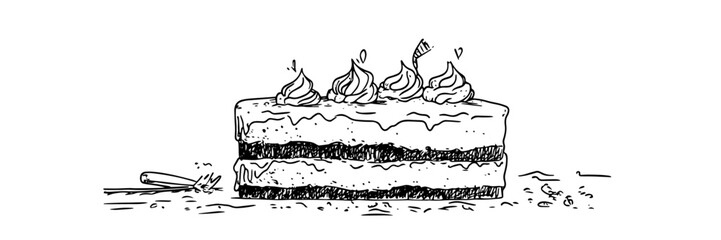 cake slice with cherries hand drawn ink sketch, vector engraving monochrome doodle