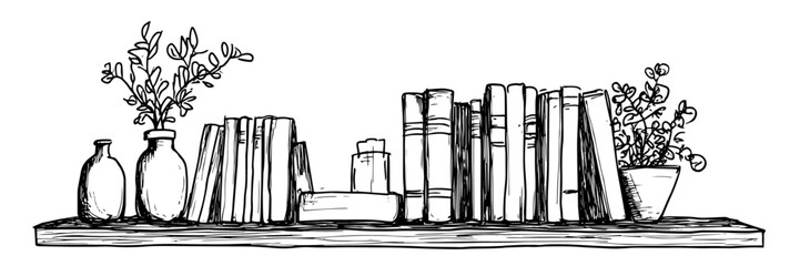 bookshelf with books and decor hand drawn ink sketch, vector engraving monochrome doodle © Kaz