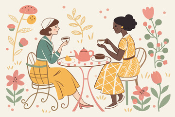 38 Colorful illustration, three women having tea, whimsical style, pastel colors, floral patterns, teacups and sweets, vintage-inspired furniture, hand-drawn aesthetic, feminine gathering, casual soci