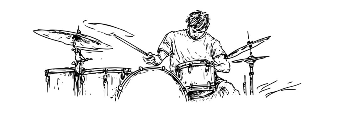 hand-drawn drummer playing a drum set with energy