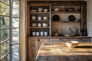 A rustic kitchen with rough-hewn wooden countertops, an open pantry displaying simple ceramic dishes, and soft light streaming through the
