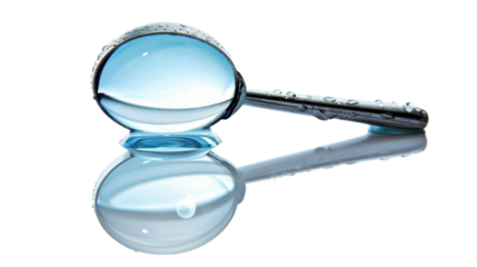 Magnifying glass filled with water creating a distorted reflection on transparent background