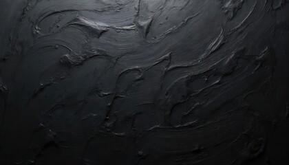 Fototapeta premium Macro photo of black oil paint brush strokes texture surface. Dark moody art background, decorative rough wall for design, backdrop. Elegant textured material, graphic resource for grunge effect.