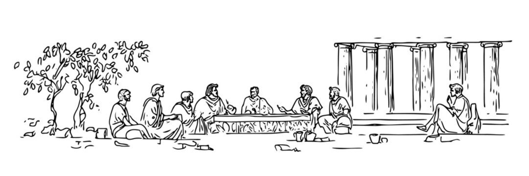 ancient philosophers discussing outdoors vector doodle sketch engraving