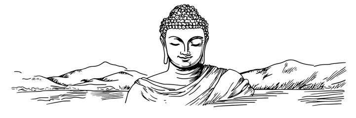 meditating buddha with mountains and water vector doodle sketch engraving