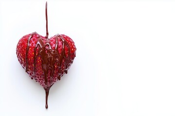 A heart-shaped strawberry, meticulously crafted and dipped in rich, decadent chocolate, drips elegantly onto a pristine white background creating a romantic Valentine's Day image