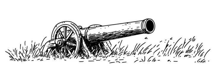 Fototapeta premium vintage cannon on grass field vector doodle sketch engraving