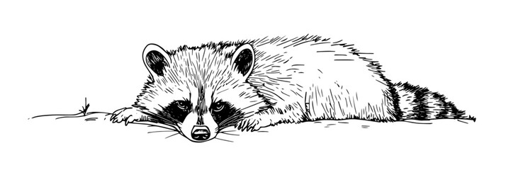 resting raccoon lying down vector doodle sketch engraving