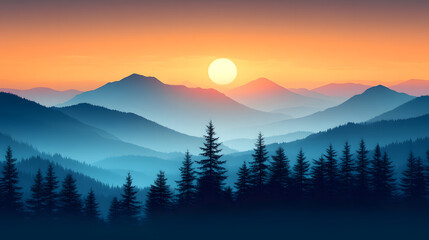 Obraz premium Sunset over a mountain range with a forest in the foreground