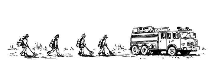firefighters walking to fire truck vector doodle sketch engraving © Kaz
