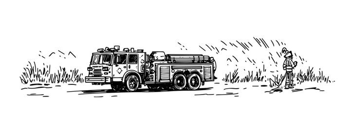 fire truck on rural road vector doodle sketch engraving © Kaz