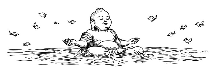 happy buddha meditating with floating leaves vector doodle sketch engraving