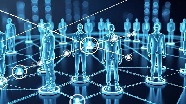 Digital network of glowing blue human figures connected by lines and nodes in futuristic business communication system

