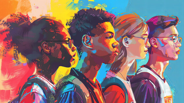 Vibrant illustration of four diverse teenagers gazing forward, embodying unity and youthful