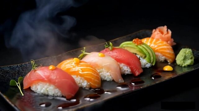 Fresh sushi with salmon, tuna and vegetables beautifully arranged on a plate, healthy Japanese cuisine