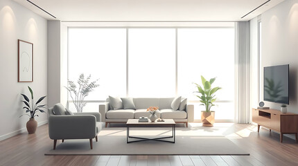 minimalist living room interior mockup, modern furniture and greenly decorative, white sofa and armchair, created by generative ai