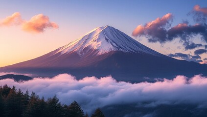 Fototapeta premium Majestic snow-capped mountain peak at sunrise, casting a soft pink glow over the clouds below.