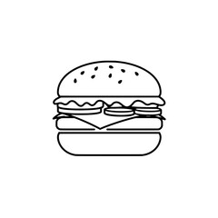 Burger Icon: A simple, stylish outline illustration of a classic burger. Perfect for menus, food-related designs, and digital interfaces.