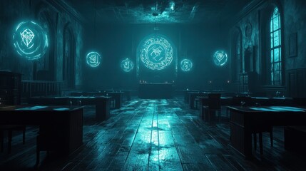 Fototapeta premium Mystical glowing symbols in an antique classroom