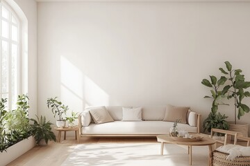 A minimalist living room featuring white walls and a cozy couch.