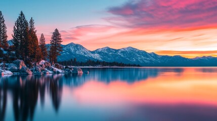 Fototapeta premium Mountains and Serene Lake at Colorful Sunset, Scenery, Reflection